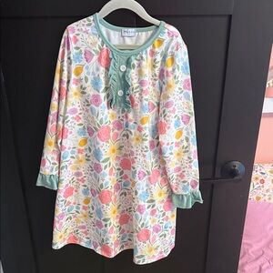 Girls Floral Ruffle Henley Nightgown - Mint Trim